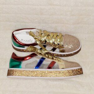 Gold Mesh Panel Rhinestone Bling Sneakers Tennis Shoes
